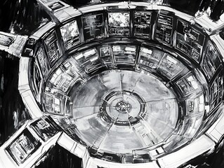 Naklejka premium A futuristic control room with circular design, screens displaying data, and a high-tech atmosphere