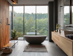 Fototapeta premium Gray and wooden bathroom interior with tub
