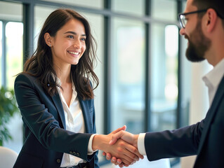 Fototapeta premium Smiling female executive making successful deal with partner shaking hand at work in the office