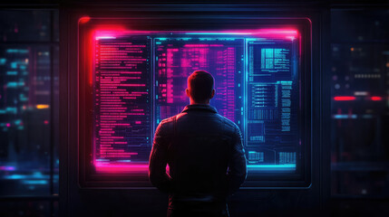 Strong leader confronts collapsing statistics dark sci-fi command center digital crisis report metallic atmosphere intense perspective