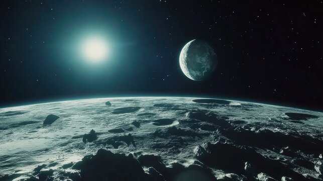 A Breathtaking View of a Distant Exoplanet with Towering Craters and a Nearby Exomoon Orbiting a Bright Star