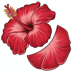 Red hibiscus and poppy flowers isolated on white background with closeup details of their petals and vibrant colors in a natural, floral bloom