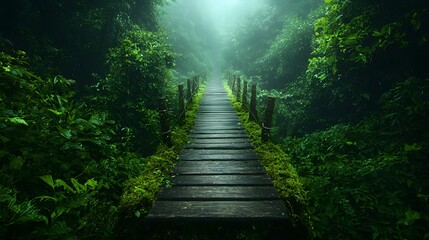 Obraz premium Enchanting wooden bridge stretching over a narrow ravine in a mysterious fog shrouded forest with lush vines and moss hanging from the trees around it