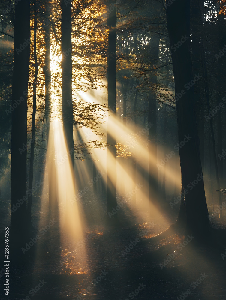 Poster Sunlight Streaming Through Tall Forest Trees Creating Magical Atmosphere : Generative AI