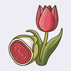 Vector illustration of pink tulips in bloom with leaves, a beautiful spring flower bouquet