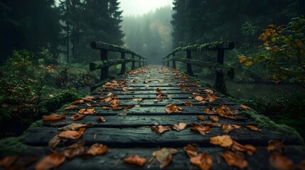 Misty forest landscape with a wooden bridge covered in damp autumn leaves surrounded by thick fog and towering evergreen trees  Copy space available for text overlay