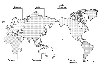 Obraz premium 世界地図（日本中心）イラスト: 水玉模様の六大州（白黒）