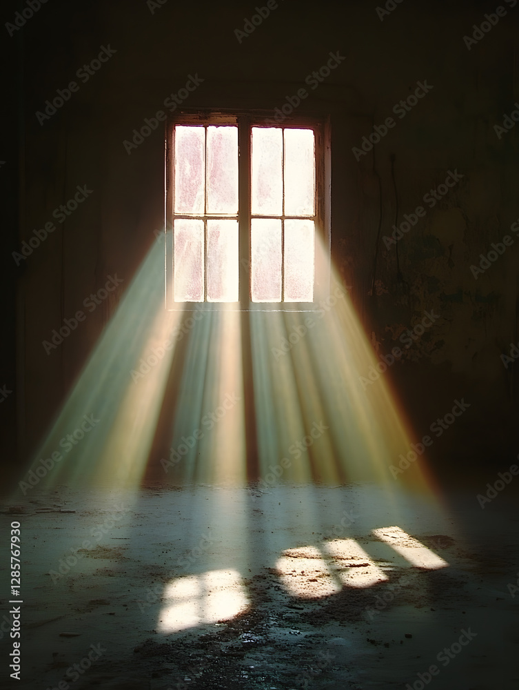 Aufkleber sunlight streaming through dusty window of abandoned building : generative ai
