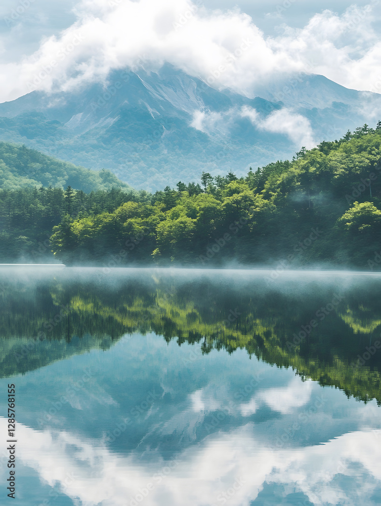 Poster serene lake with majestic mountain reflection and misty clouds in scenic nature : generative ai