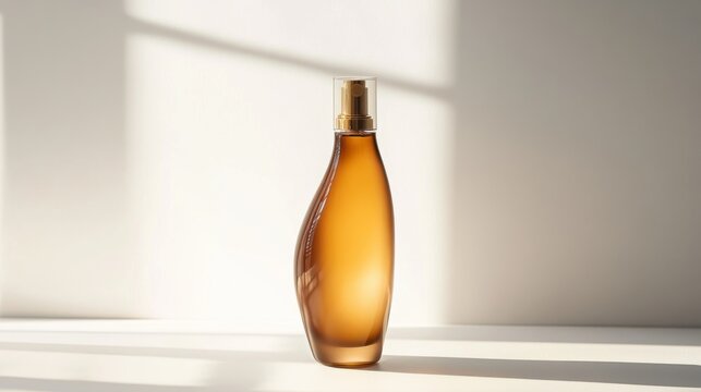 Amber perfume bottle on white backdrop, sunlit - Powered by Adobe