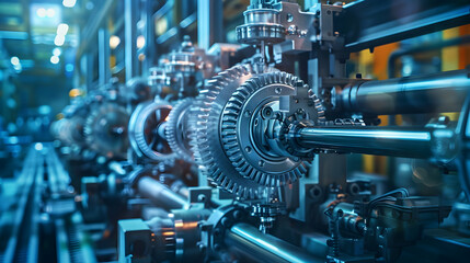 Industrial machinery with gears in a factory setting, showcasing advanced technology and production