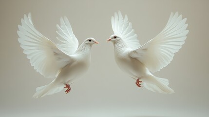 Obraz premium White doves fly on a white background, symbolizing peace and love Ample space for text