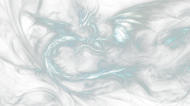 a white dragon flying through a black background