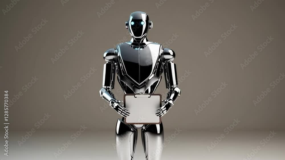 Aufkleber Chrome humanoid robot holding clipboard with blank paper, standing on uniform gray background, symbolizing technological innovation and data communication in slow motion digital rendering