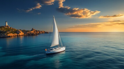 Fototapeta premium Sailboat is sailing in the ocean with a lighthouse in the background. The sky is cloudy and the sun is setting, creating a serene and peaceful atmosphere