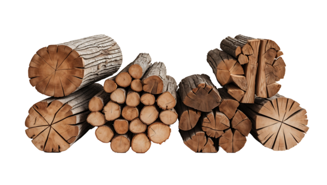 Set of stacked firewood logs in various arrangements, rustic wood textures and natural timber isolated on transparent background