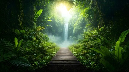 Fototapeta premium Wooden Bridge Crossing Gentle Waterfall Amidst Foggy Verdant Forest Setting Serene Untouched Natural Landscape