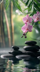 Serene zen garden with pink orchids and stacked stones in tranquil reflection