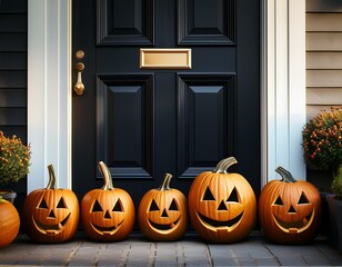 Obraz premium Carved pumpkins near black house door