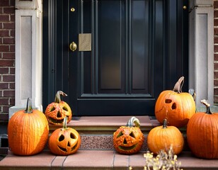 Carved pumpkins near black house door