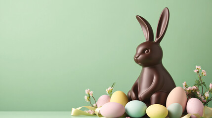 Minimalist Easter banner featuring a chocolate bunny and colorful eggs on green background