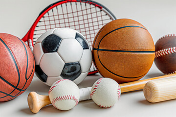 A neatly arranged set of sport equipment, including items like a soccer ball, tennis racket, baseball bat, and basketball, all placed on a clean, neutral background