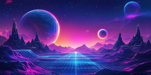 Obraz premium A synthwave landscape with neon purple and blue hues, featuring an otherworldly planet in the background