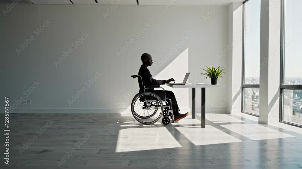 Poster sunlight illuminates manager in wheelchair working on laptop at desk in modern office, demonstrating
