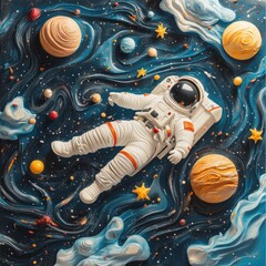 Astronaut Floating in Colorful Universe with Planets and Stars