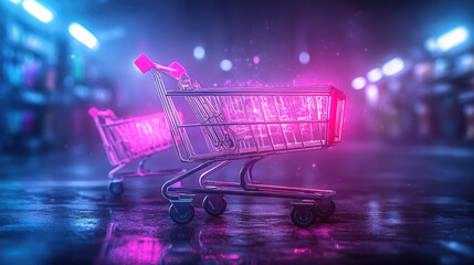 Retail crisis illustrated through broken glowing shopping carts in a metallic and vibrant color scheme urban environment digital concept
