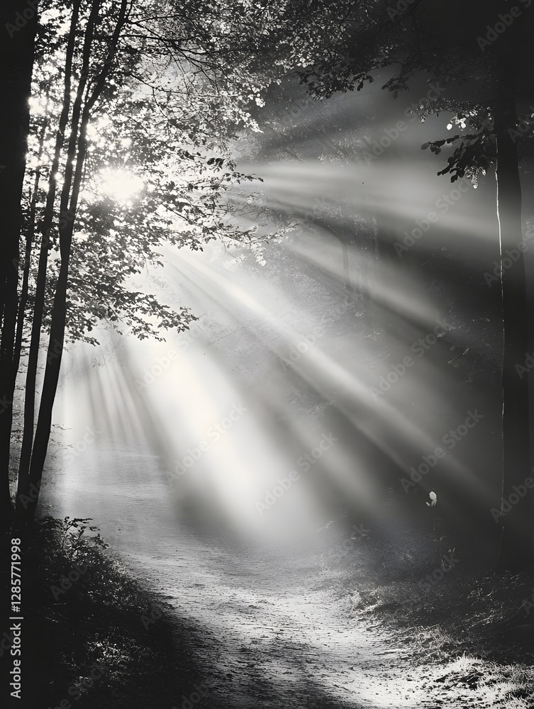 Poster Sunbeams Filtering Through Forest Trees Creating Tranquil Natural Landscape : Generative AI