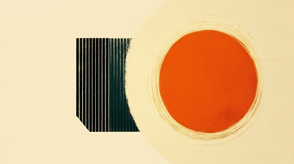 Abstract orange circle contrasts sharply against dark lines minimalist design. AI Generated