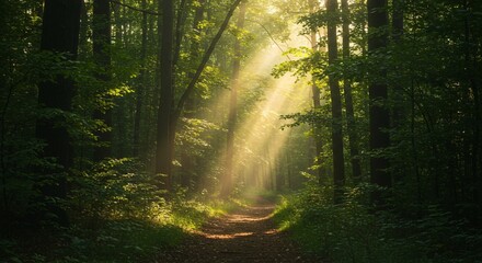 Obraz premium Golden sunlight streams through a lush green forest, illuminating a peaceful path that winds through tall trees, creating a serene and magical atmosphere.