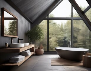Fototapeta premium Attic gray bathroom interior with tub and bench