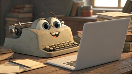 Animated typewriter with laptop on a desk.