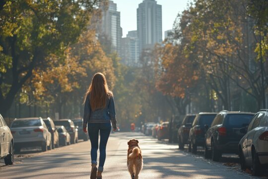 Walking a golden retriever along a city street lined with trees and parked cars during a sunny afternoon