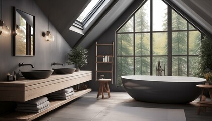 Fototapeta premium Attic gray bathroom interior with tub and bench