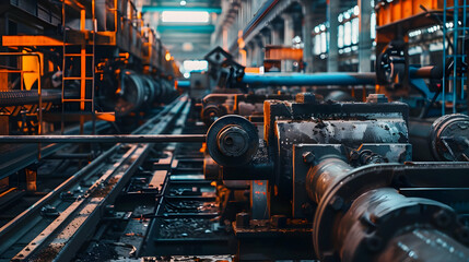 Fototapeta premium Industrial machinery interior showcasing intricate equipment in a vibrant factory setting