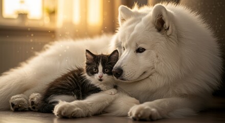 Heartwarming moment, A kitten resting comfortably against a fluffy samoyed dog