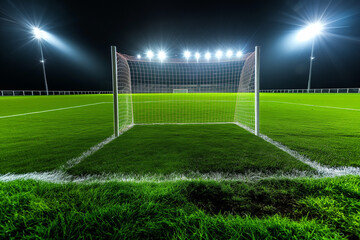 Fototapeta premium A night-time soccer field with lush green grass, illuminated by bright stadium lights that cast a dramatic glow over the field