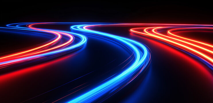 Neon lights flow with vibrant colors, a futuristic technology sense of red and blue interwoven, dreamy light trails on the highway