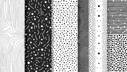 six distinct designs, each with a unique combination of lines, dots, and curves, creating a visually striking and diverse collection.