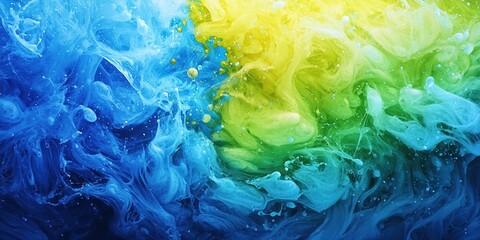 Fototapeta premium Abstract blue, green, and yellow color background with water splash, smoke, or liquid paint
