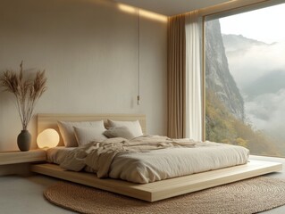 A bedroom with a wooden bed and a white curtain