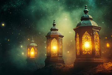 Fototapeta premium Ramadan Kareem lantern with a burning candle illuminated the night