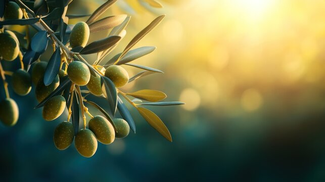Lush olive branch at sunset, olive grove