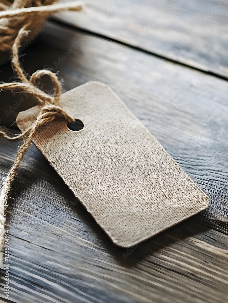 Aufkleber Rustic Textured Brown Paper Tag with String on Wooden Table Background for Labeling : Generative AI