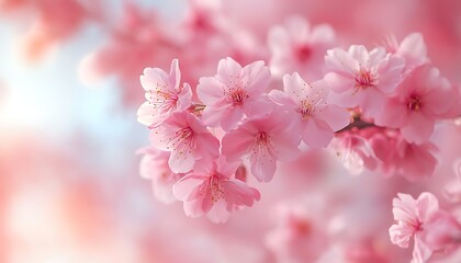 Beautiful pink cherry blossoms delicately bloom in soft light of spring