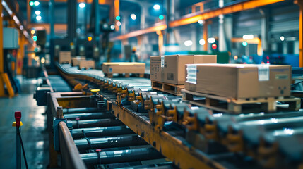 Obraz premium Busy warehouse with automated conveyor system transporting cardboard boxes for distribution