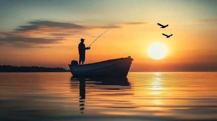 Fototapeta premium Man is fishing in a boat on a lake at sunset. The sky is orange and the water is calm
